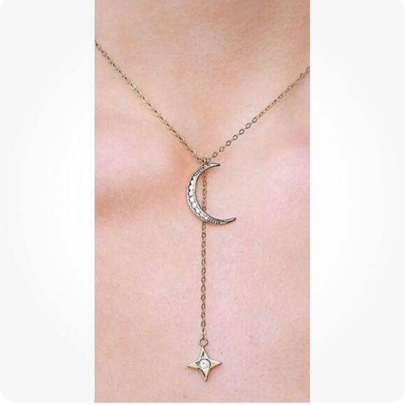 NWT 150.00 Lili Claspe Lariat Necklace Gold Plated Brass Rope the Moon & Star - Picture 1 of 4